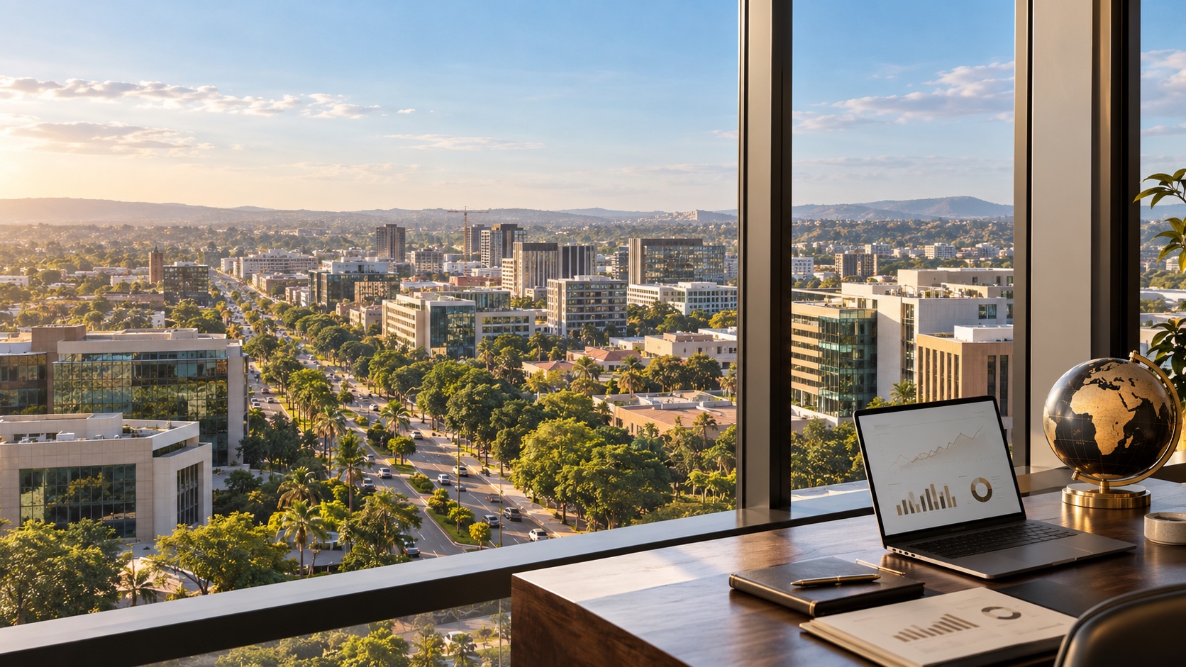Business district viewed from an office with a laptop and globe